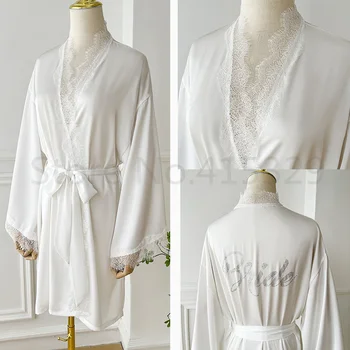 2022 Naujas Vasaros Balta Nuotaka Kimono Chalatas Moterims Viskozė Sleepwear Minkšta Nėrinių Apdaila Pižamą Femme Spausdinti Gręžimo Vestuvių Chalatai