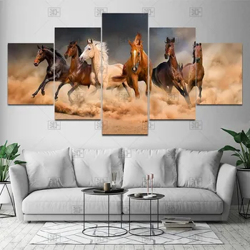 Arklių Drobės Tapybos Neįrėminti 5 Vnt Gyvūnų Apdailos Nuotraukas Veikia Arkliai Modernios Sienos Menas, Plakatų Ir Spausdina Kambarys