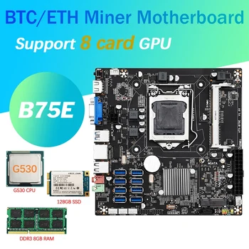 B75E 8 Kortelės BTC Kasybos Plokštė+G530 CPU+8G DDR3 RAM+128G SSD USB3 8X.0 B75 Lustas LGA1155 DDR3 RAM MSATA ETH Miner