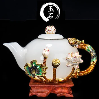 Boutique Emalio Balto Porceliano Jade Arbatinukas Ding Ware Spalvota Glazūra Kinijos Lotus Arbatos Rinkinys Dovanų Dėžutėje