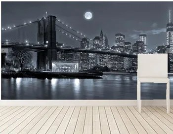 Custom 3d freskomis, New York City, Upių, Tiltų, Naktį, Mėnulis tapetai,viešbutis, baras, svetainė, televizorius, sofa-sienos miegamajame papel de parede