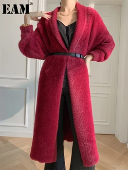 [EAM] Raudona didelio Dydžio, Ilgas Cardigan Megztinis Mezgimo Loose Fit V-Kaklo, ilgomis Rankovėmis Moterų Nauja Mados Banga Rudens Žiemos 2023 1DF1186