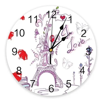 Eifelio Bokštas Meilės Skėtis Gėlių PVC Didelis Sieninis Laikrodis Biuro, Virtuvės, Miegamojo Dekoro Atspausdintas Sienos Žiūrėti Ne Pažymint Kabinti Žiūrėti