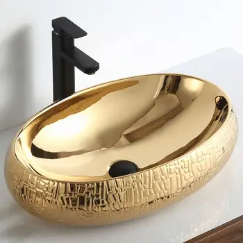 GX2164 Kinija didmeninė meno kriaukle keraminių vonios tuštybės prabanga apsiplovimo kaina ovalo formos lentelės viršuje aukso praustuvas