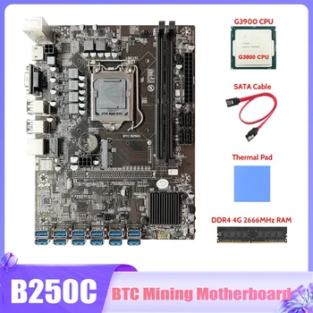 KARŠTO B250C BTC Kasybos Plokštė+G3900 CPU+DDR4 4G 2666Mhz RAM+SATA Kabelis+Šiluminę Pagalvėlę 12X PCIE Su USB3.0 GPU Plokštė