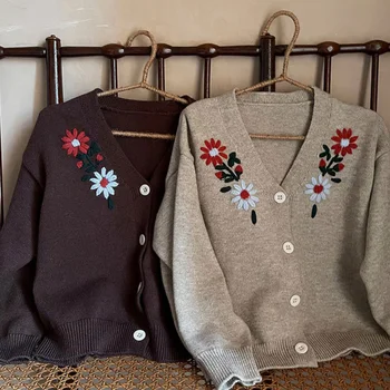 Korėjos Vaikų Megztiniai 2021 M. Rudenį Naujų Mergaičių ir Berniukų vientisos Spalvos Siuvinėjimo Cardigan Megztinis Drabužiai Vaikams