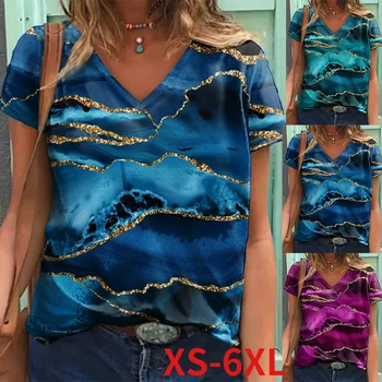 Nauja Tendencija Moterų Mados Abstrakčių Geometrinių Marškinėliai 2022 Grafinis Geometrinis V Kaklo Pagrindinio Viršų 3D Plus Size Atspausdintas Mėlynos spalvos Marškinėliai 6XL