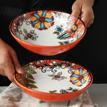 Rankų dažytos keramikos disko stalo 8 colių giliai plokštė namų patiekalas, sriuba bowl kūrybos vertus underglaze spalva