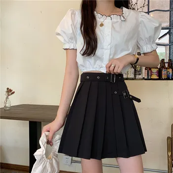 Vasaros plonas naujas stilius kolegija stiliaus aukšto juosmens juoda maišą klubo klostuotas trumpas sijonas-line sijonai