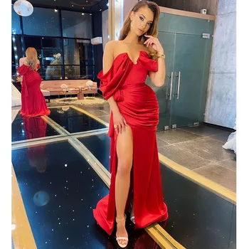 Xijun 2022 Raudona Saudo Arabija Aukšto Pusėje Padalinta Satino Undinė Prom Dresses nuo Peties Vakare Gown V-Kaklo Klostyti Oficialų Suknelė