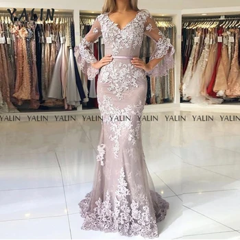 YALIN V-Kaklo Vakarą Išaugo Undinė Tiulio Nėrinių Elegantiškas, Grindų Ilgio Rožinės spalvos vakarinę Suknelę Spalvingas 3D Gėlės ilgomis Rankovėmis vestido