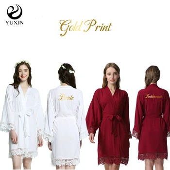 YUXINBRIDAL 2019 Naujas Bordo Kietas Medvilnės Kimono Apsiaustai su Nėrinių Moterų Vestuvių Nuotakos Apdaras Chalatas Sleepwear Balto Aukso Spausdinti