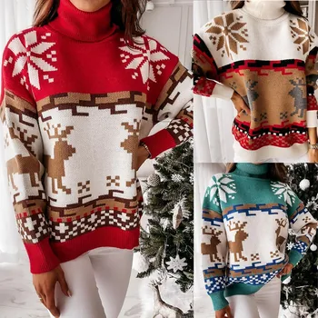 2021 Kalėdų Žiemos naujas megztinis aukšta apykakle briedžių Kalėdų žakardo megztas megztinis