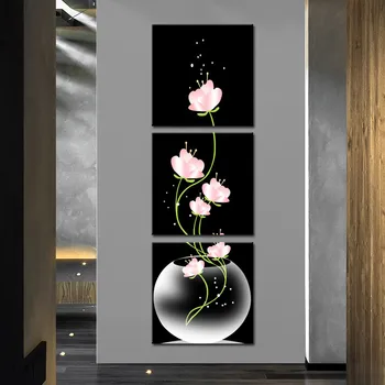 3 Gabalus Modulinės Sienų Tapybos Vaza su Rožinės Gėlės Drobė, Tapyba, Plakatas Veranda, Koridorius Vertikali Versija Namų Puošybai